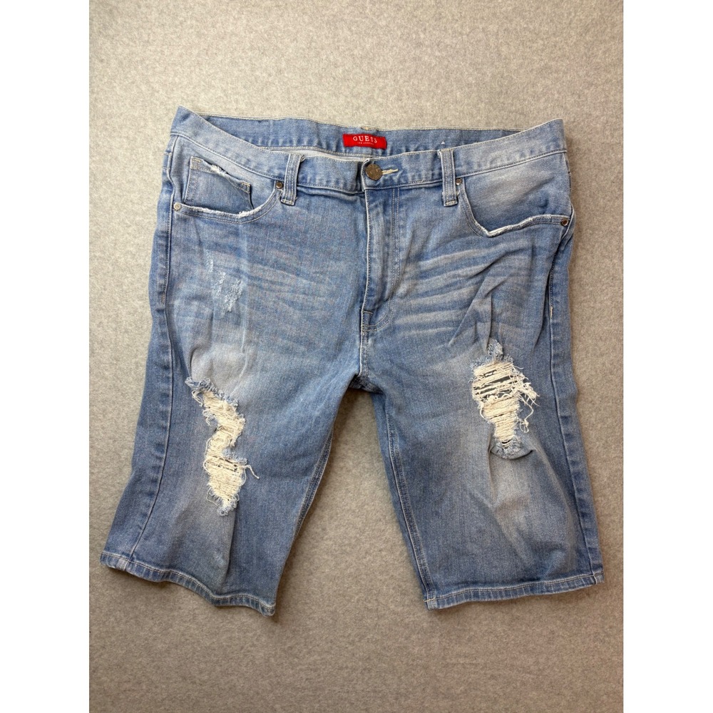 Guess Los Angeles Mens Distressed Denim Shorts Light Wash Blue Size 36